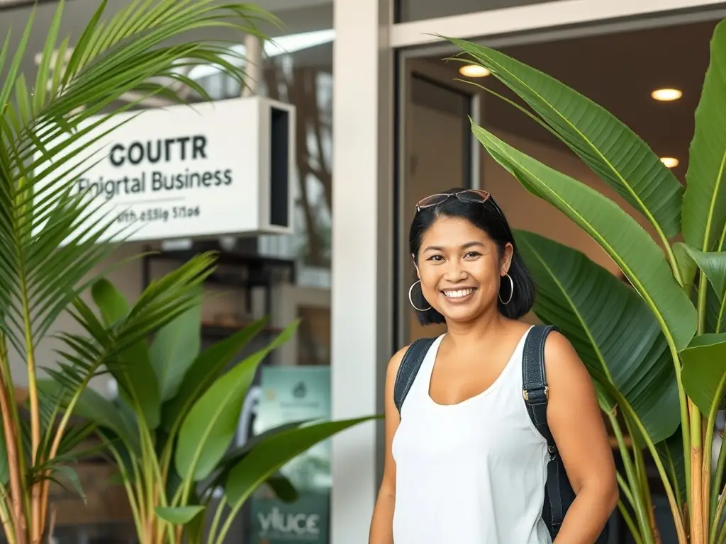 A vibrant storefront image showing a Costa Rican business owner welcoming customers, with tropical plants and a clean, modern shop interior, used to illustrate business discovery on Tico.Social.