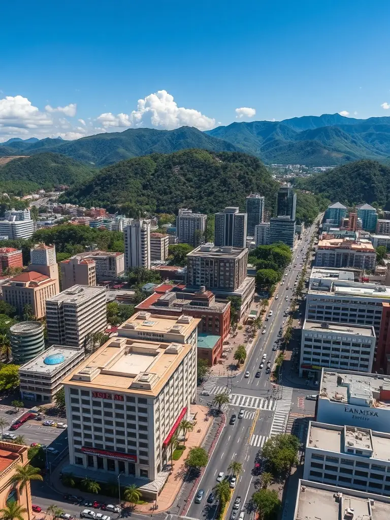 A vibrant aerial view of San José city center with lush green mountains in the background, tropical sunlight, and bustling urban life.