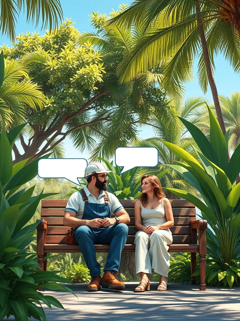 A vibrant illustration of a contractor and a homeowner connecting via chat bubbles, with green and blue accents, set against a lush Costa Rican landscape.