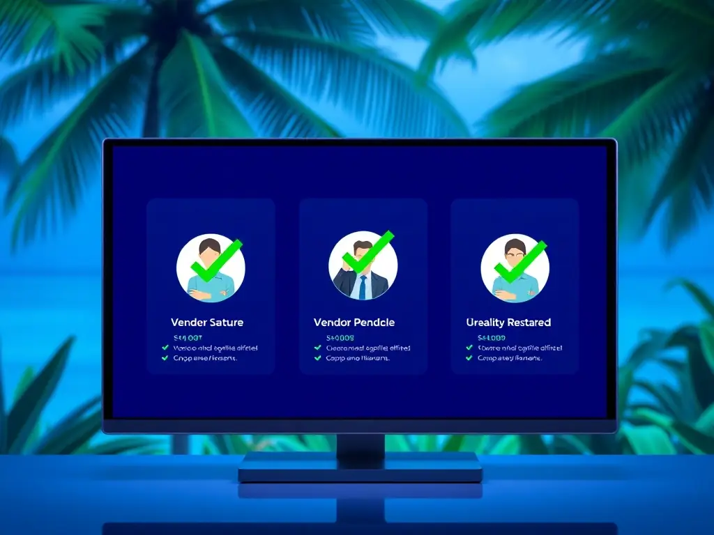 A clean, premium image showing three verified vendor profiles with green checkmarks, set against a blue overlay and tropical background, highlighting trust and professionalism in the Tico.Social ecosystem.
