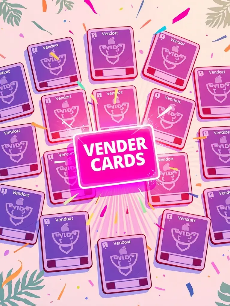 A group of diverse vendor cards with one card glowing and larger, surrounded by confetti, illustrating increased exposure and celebration for early vendors.