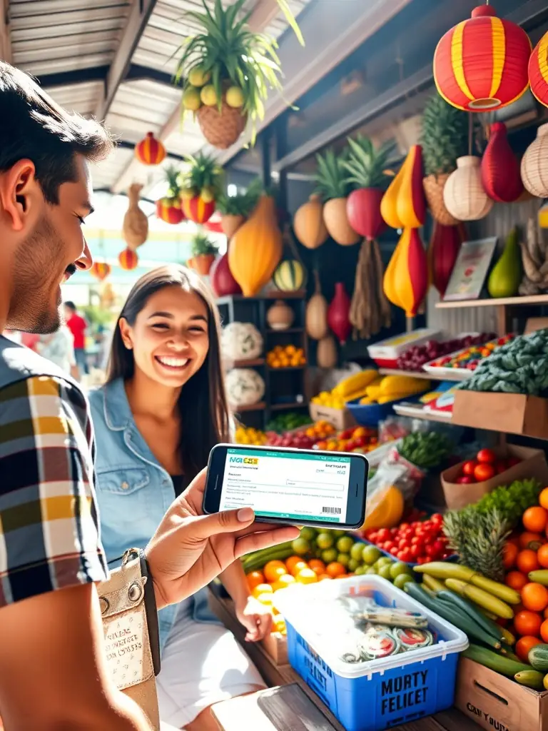 A smiling couple showing a digital voucher on their phone to a friendly local vendor at a colorful Costa Rican market stall, with fresh produce and tropical decor.