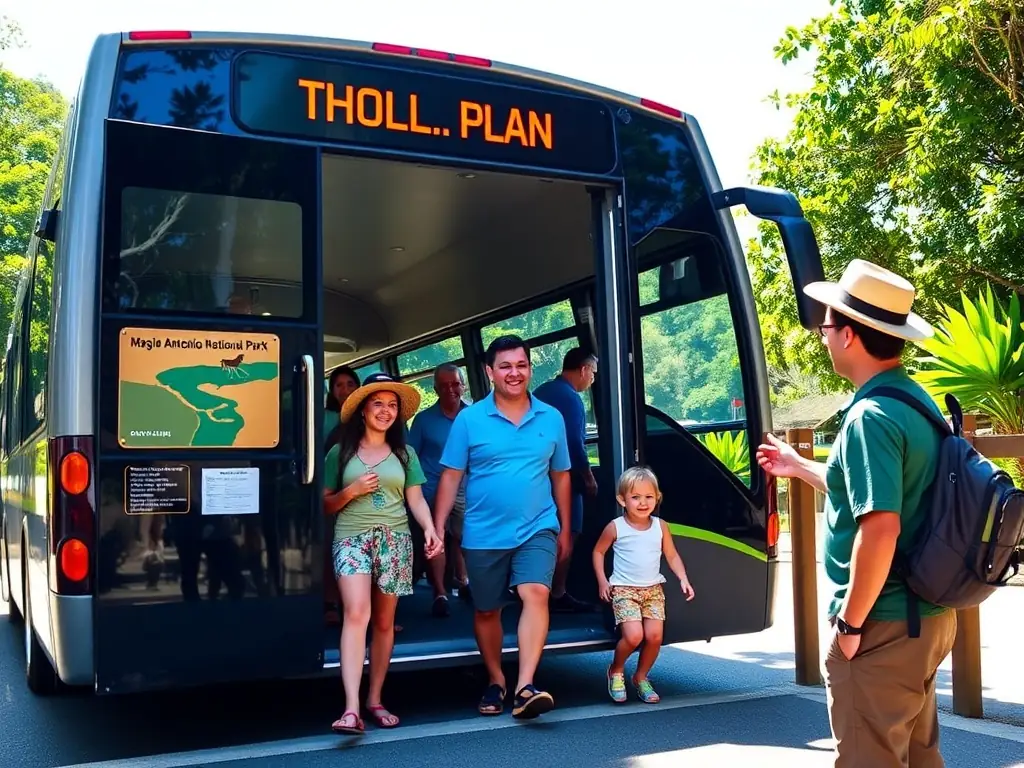 A cheerful family stepping off a comfortable shuttle bus at the entrance to Manuel Antonio National Park, with clear signage and friendly local guides welcoming them, illustrating the area’s easy accessibility and visitor-friendly atmosphere.