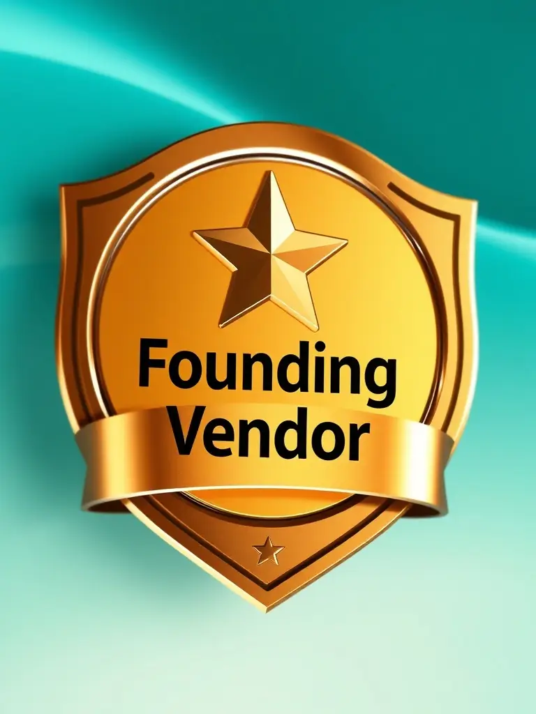 A digital badge with a gold star and the words 'Founding Vendor' overlaid on a clean, blue-green background, symbolizing exclusivity and trust for early adopters.