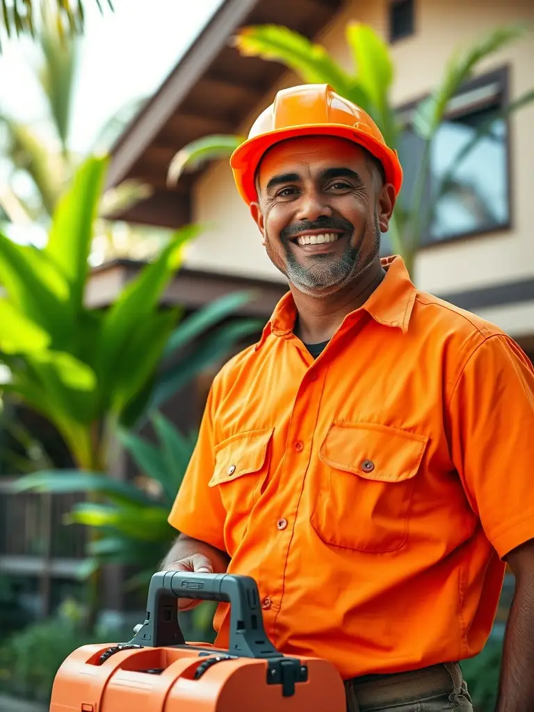 A vibrant portrait photo of a friendly Costa Rican electrician in a branded orange shirt, standing in front of a tropical home with lush greenery, smiling and holding a toolkit.
