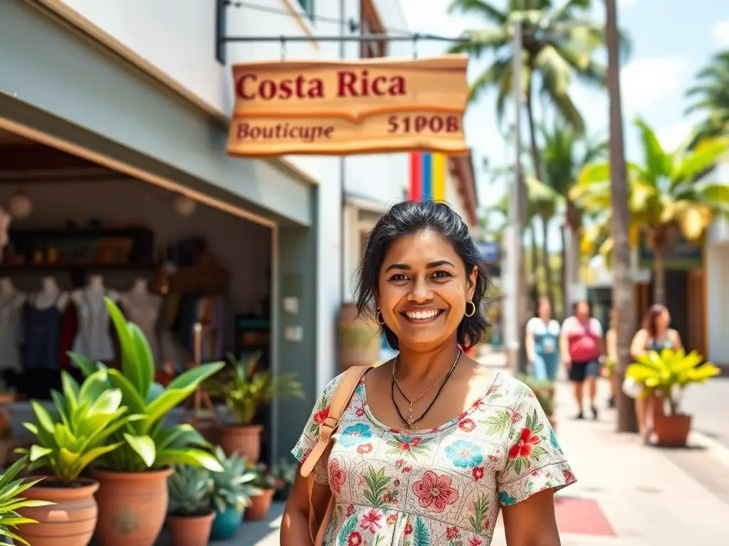 A small business owner in Costa Rica standing proudly in front of their boutique shop, with tropical plants and a welcoming storefront, representing business growth and opportunity.