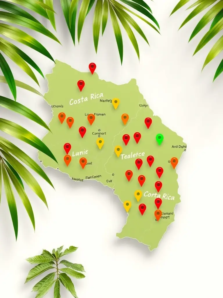 An illustrated map of Costa Rica with location pins and palm leaves, conveying local expertise and community focus for Tico.Social vendors.