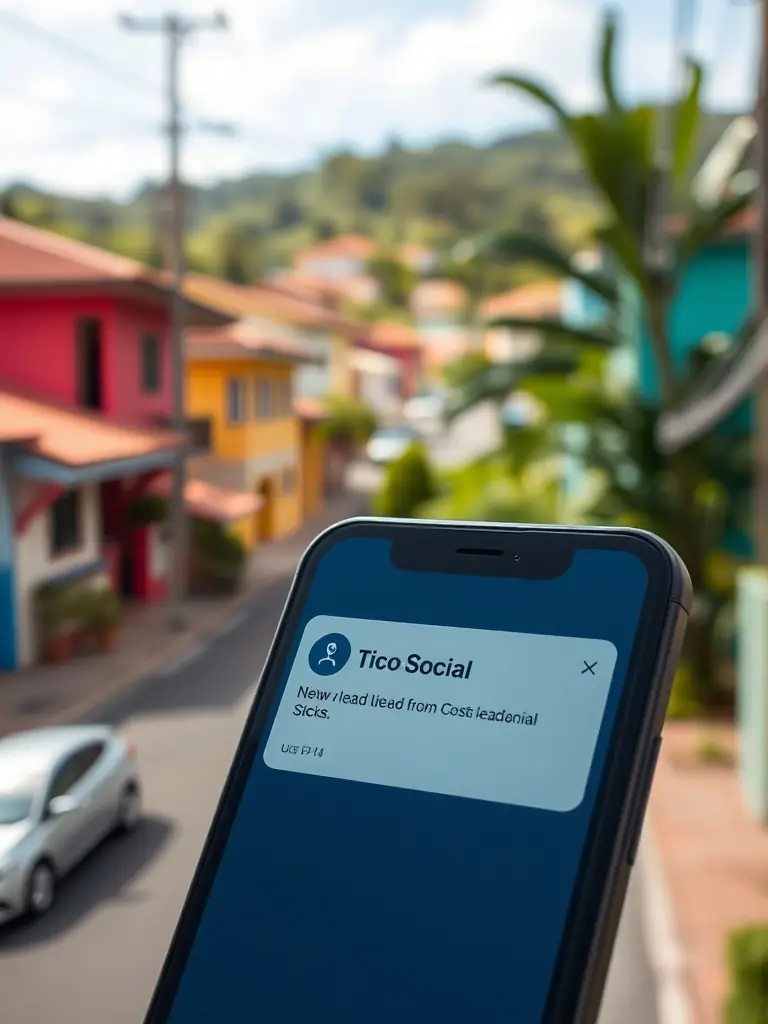 A close-up shot of a smartphone displaying a notification of a new lead from Tico.Social, with a blurred background of a typical Costa Rican neighborhood.