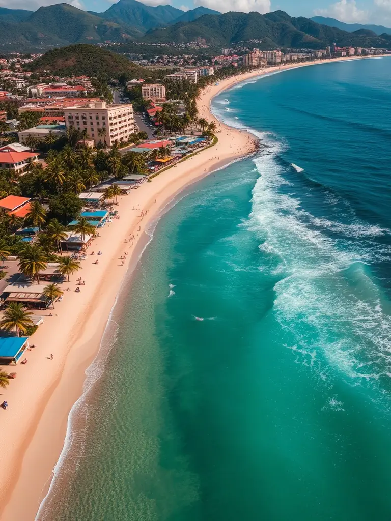 Aerial view of Jaco’s crescent-shaped beach, lined with palm trees, colorful shops, and distant green hills, bustling with activity and tropical energy.