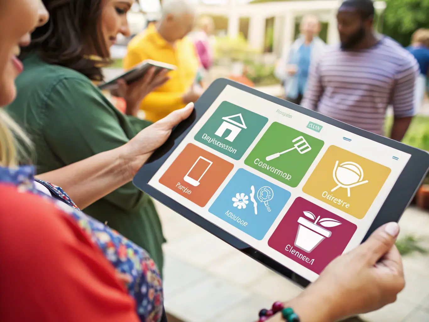A friendly service provider adding service details on a tablet, surrounded by icons representing different services like tours, repairs, and wellness, with a clean, tropical-themed interface.