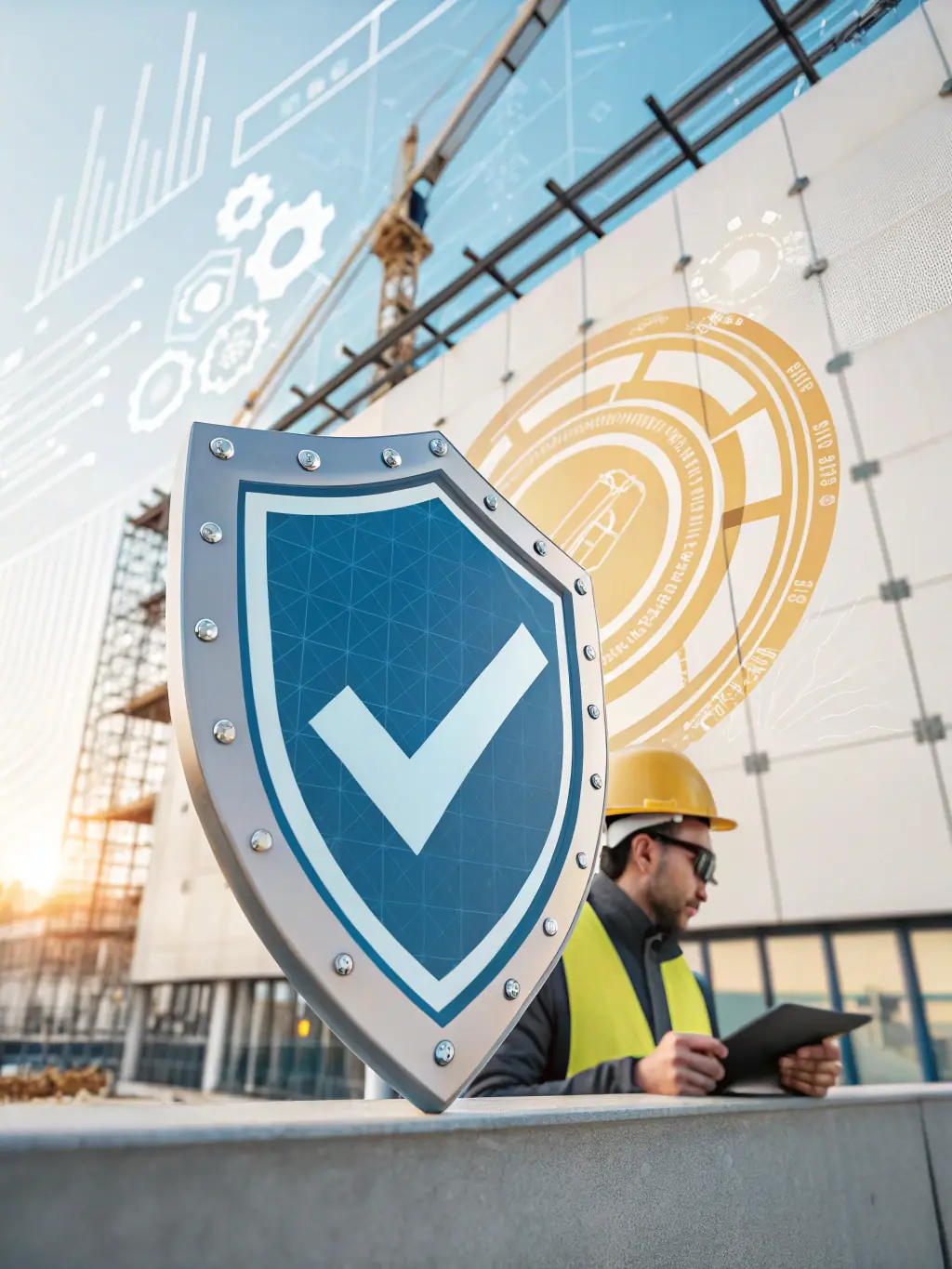 A stylized icon of a shield with a checkmark, set against a tropical orange background, representing secure payments for vendors on Tico.Social.