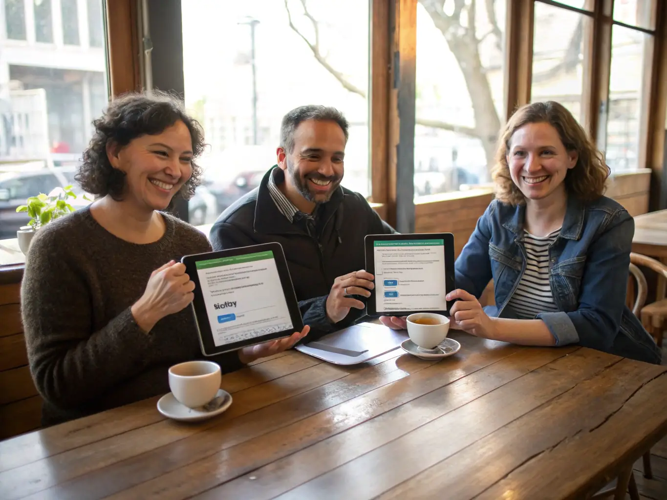 A happy service provider receiving a five-star review on a tablet, with a tropical café setting and positive customer interactions, illustrating the process of building a strong reputation.