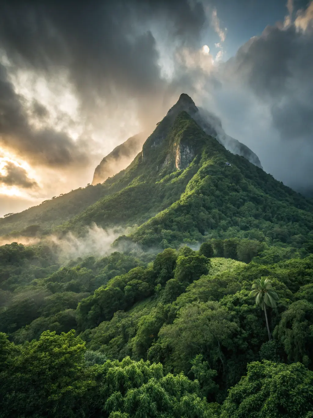 Majestic Arenal Volcano rising above lush rainforest and a sparkling lake in La Fortuna, with mist and tropical flowers.