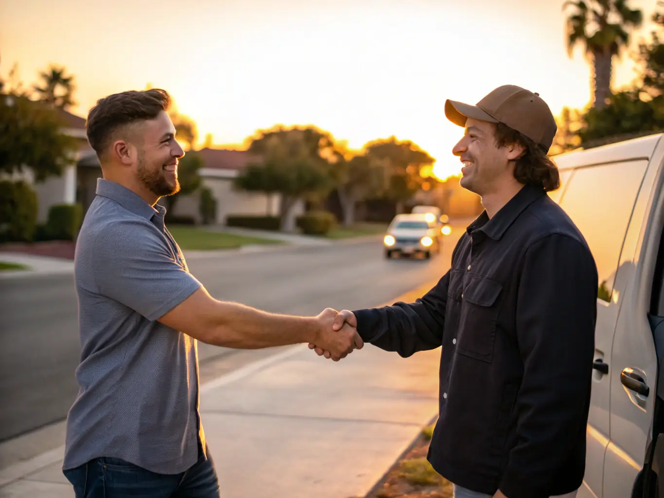A happy client shaking hands with a service provider in a sunny Costa Rican setting, with a phone showing a booking confirmation and lush greenery in the background.