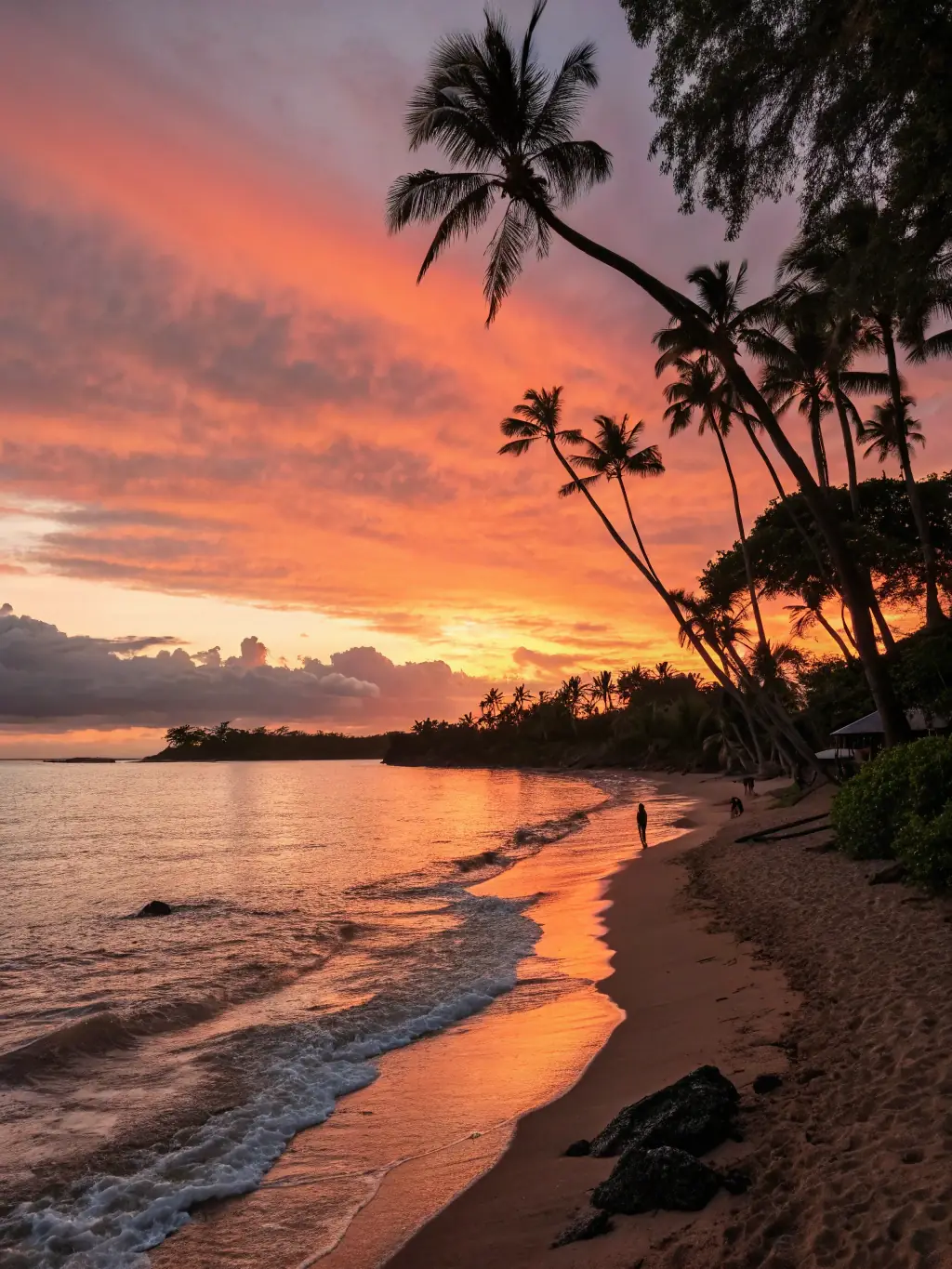 A wide, golden sand beach with gentle waves, palm trees swaying, and surfers catching waves at sunset, relaxed tropical vibe, Costa Rica Pacific coast.