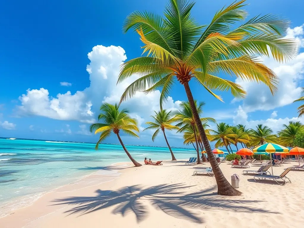 A stunning panoramic view of Playa Espadilla’s white sand beach, turquoise waves, and dramatic rocky outcrops, with palm trees swaying under a bright blue sky, capturing the beauty and serenity of Manuel Antonio’s coastline.