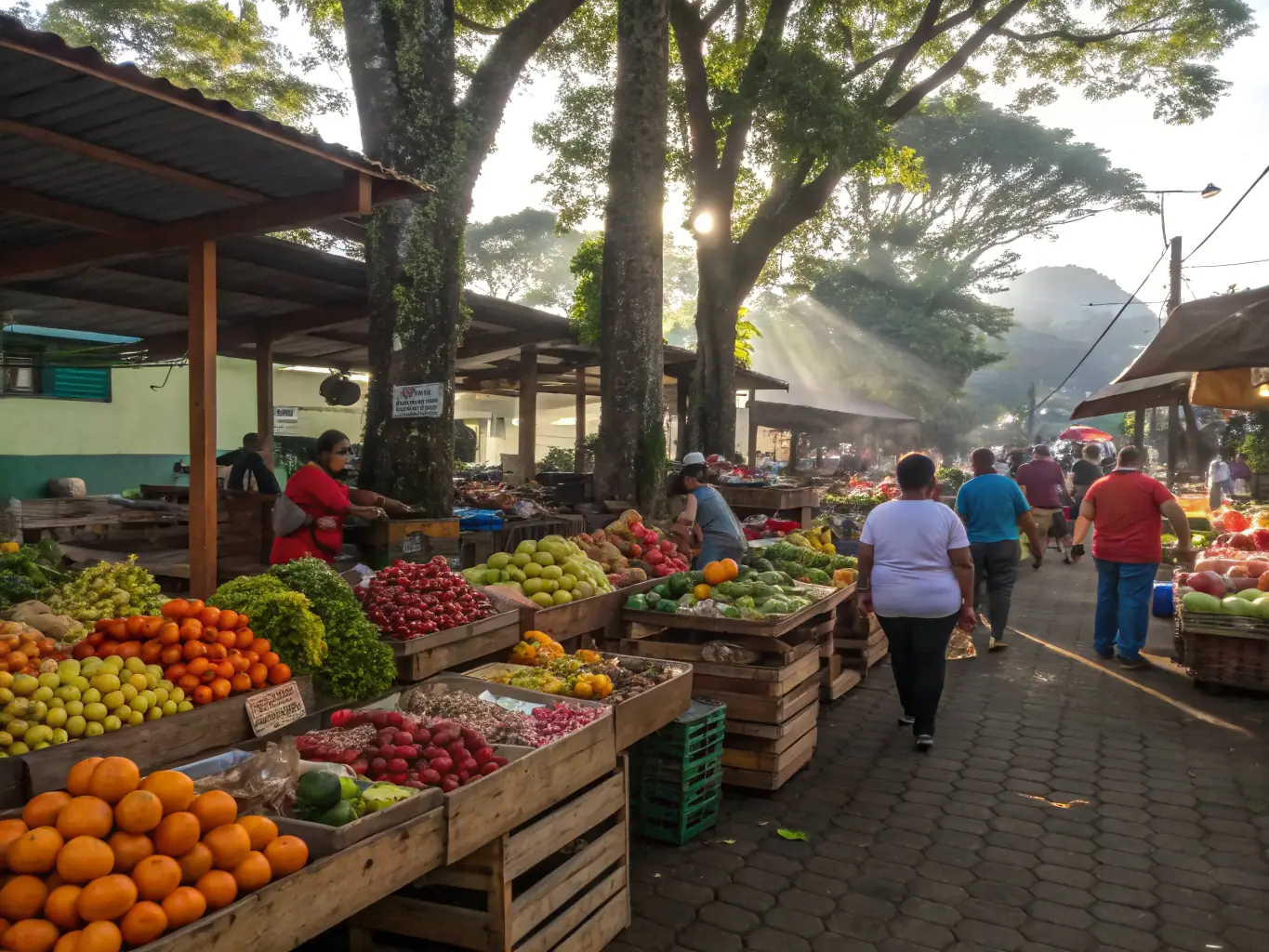 A smiling Costa Rican family shopping at a local market, surrounded by fresh produce and tropical colors, conveying a sense of community and local connection for the Tico.Social platform.