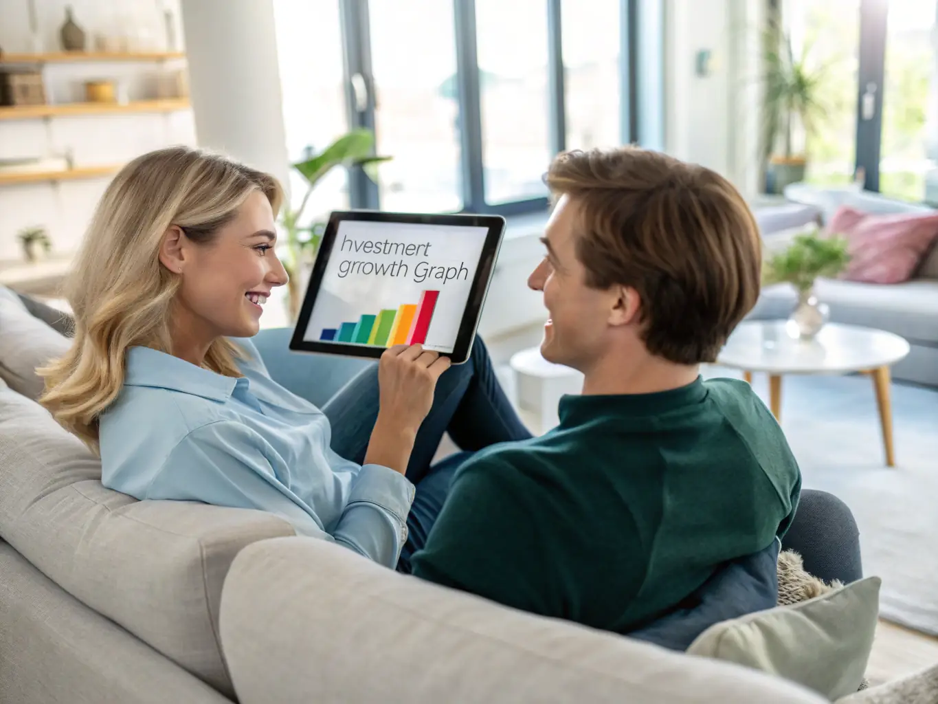 A vibrant, inviting image of a young couple using a laptop and smartphone to search for Costa Rica tours, with tropical plants and a sunny window in the background, conveying ease and excitement.