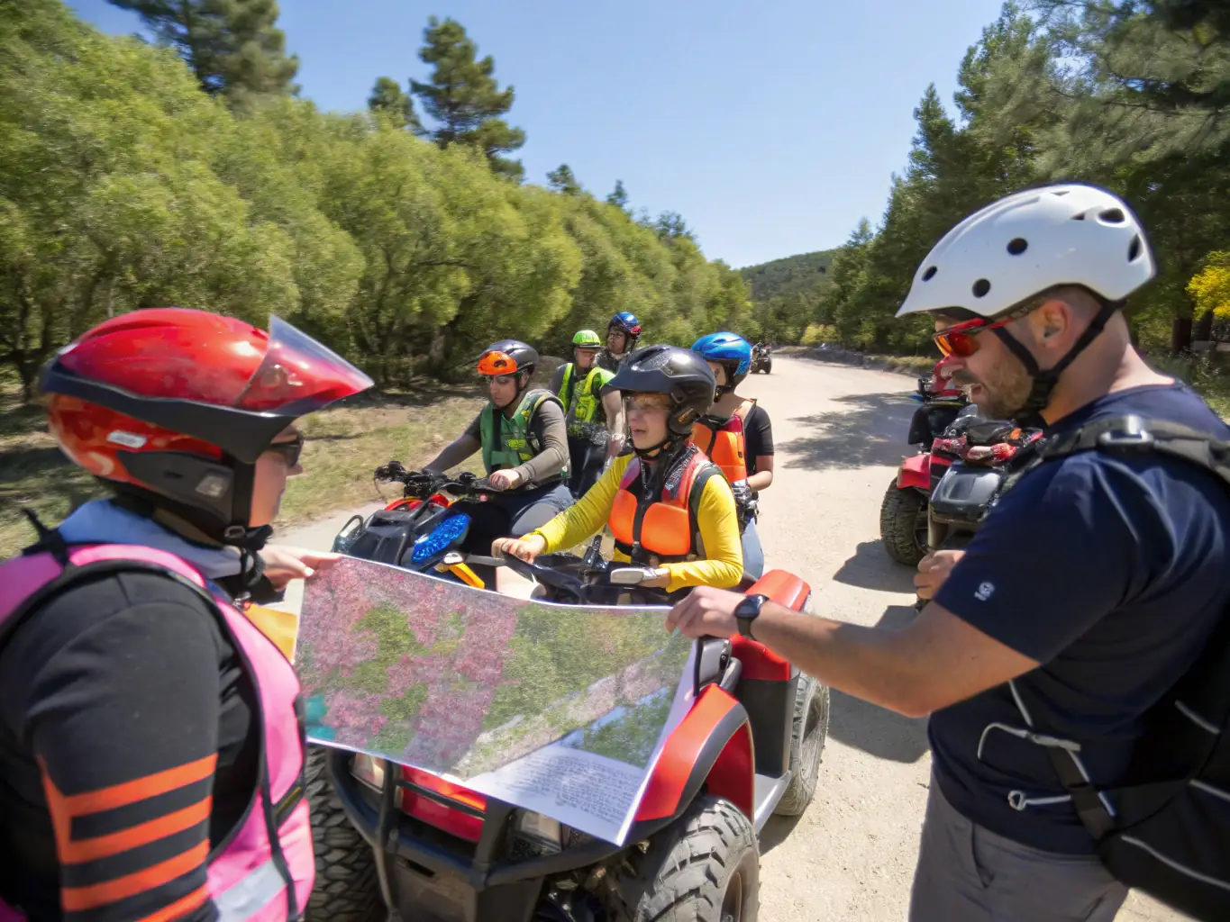 A group of ATVs lined up at the trailhead, with riders listening to a pre-tour briefing, surrounded by volcanic mountains and dense jungle, capturing the anticipation before the adventure begins.