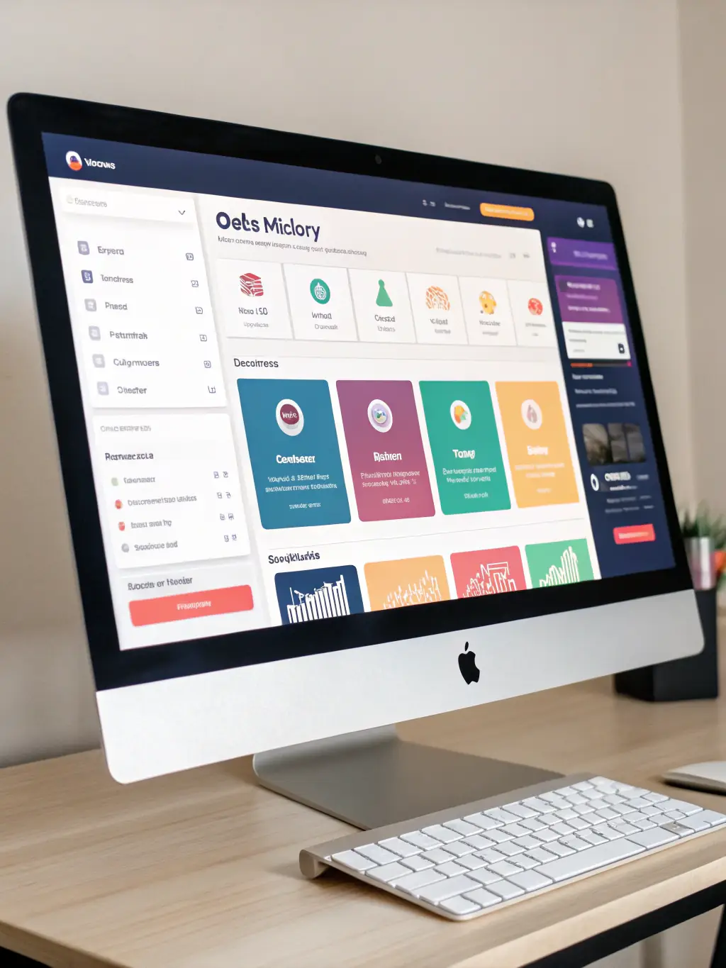 A modern dashboard interface showing a vendor managing multiple product listings, with tropical accents and clean UI elements, suitable for the Tico.Social marketplace features section.