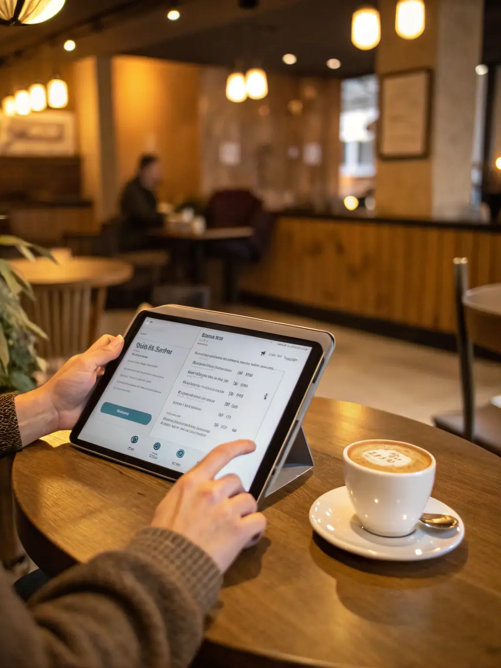 A cheerful user filling out a simple online form on a tablet, with clear fields and rounded buttons, set in a bright, tropical café environment.