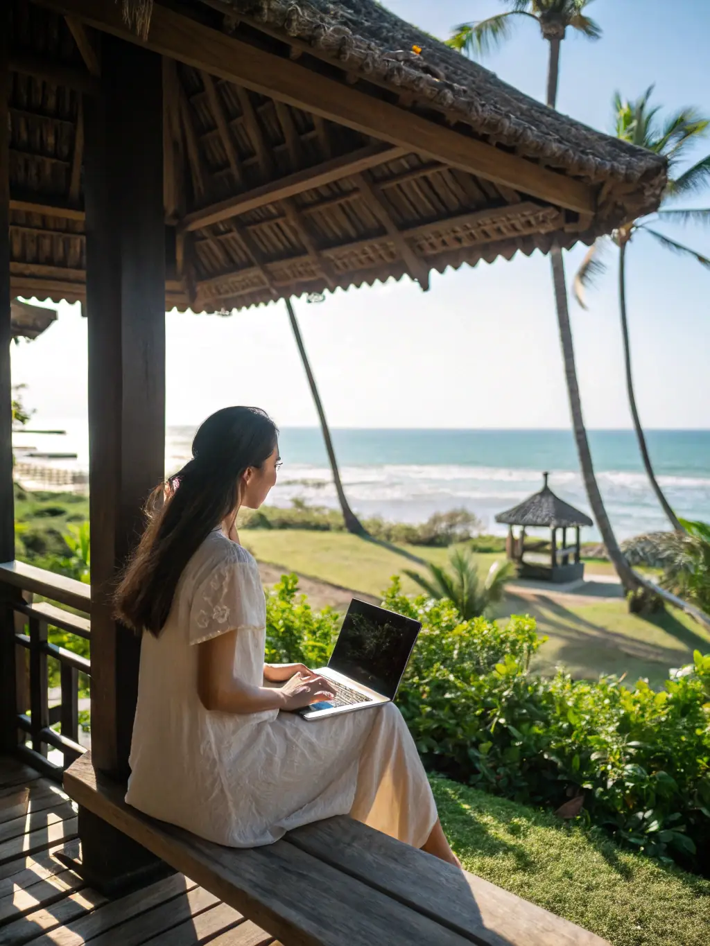A cheerful young woman browsing deals on her smartphone while sitting at a beachside café in Costa Rica, with palm trees and a vibrant sunset in the background, conveying a relaxed and tropical vibe.
