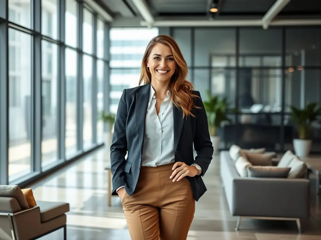 A professional headshot of a friendly Costa Rican service provider, smiling confidently, working on a laptop in a modern office setting, symbolizing profile creation.