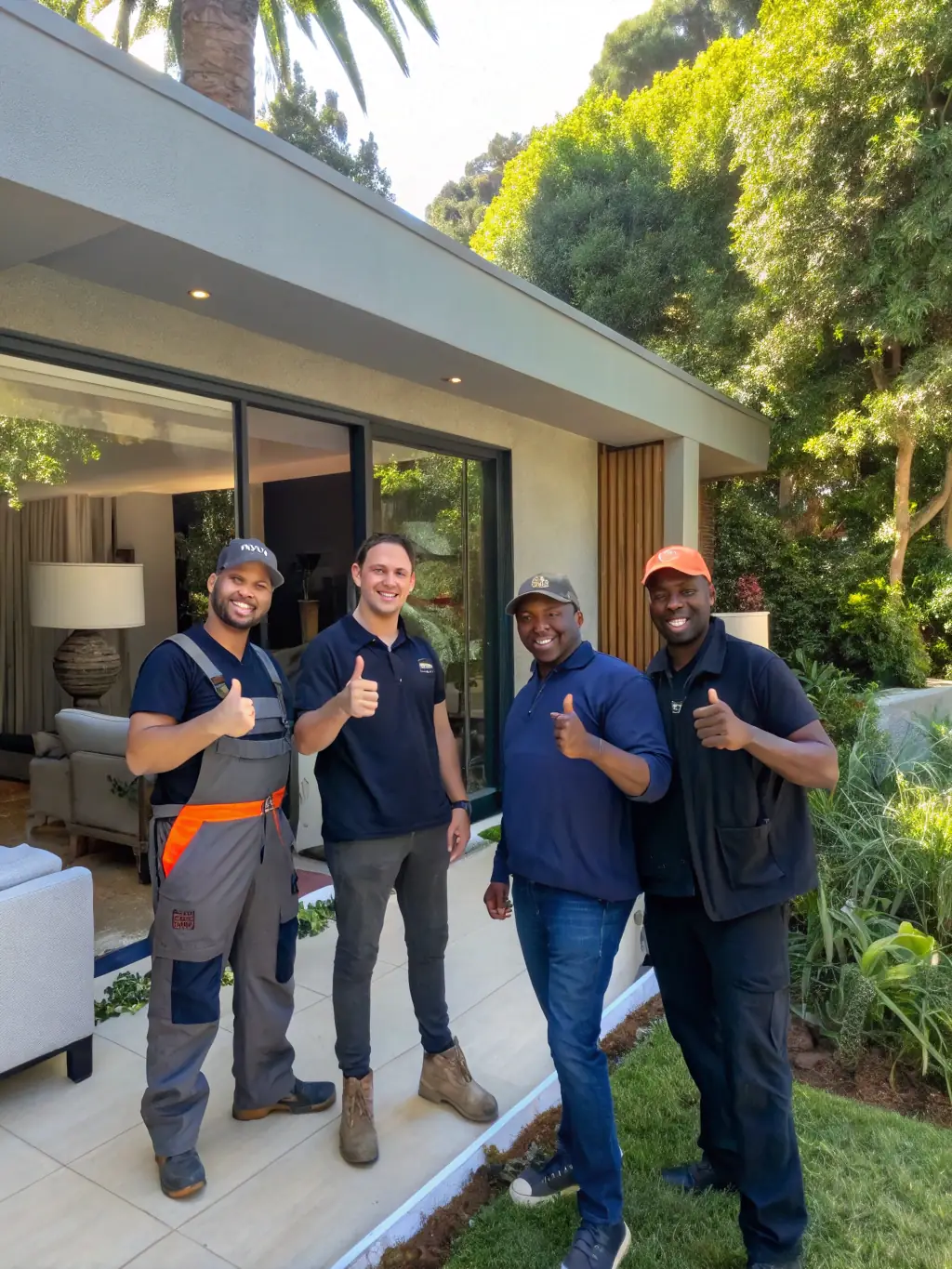A group of diverse, smiling contractors with tool belts and digital tablets, standing in front of a modern Costa Rican home, ready to work.