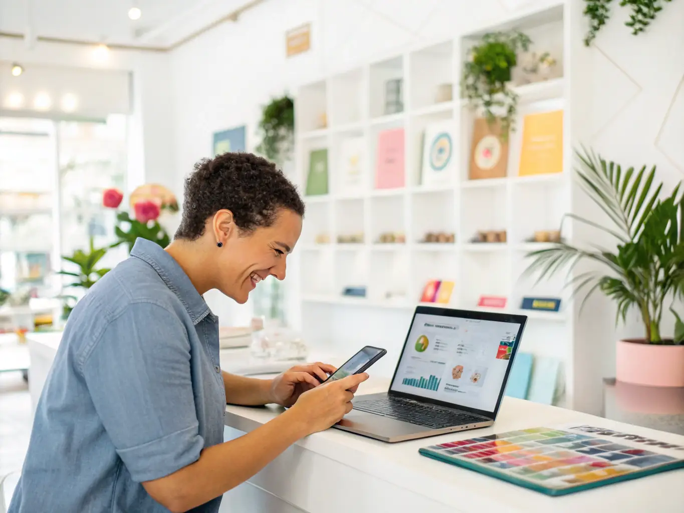 A close-up image of a business owner using a laptop and phone, receiving notifications for new leads and inquiries, set in a bright, tropical workspace, used to highlight lead generation on Tico.Social.