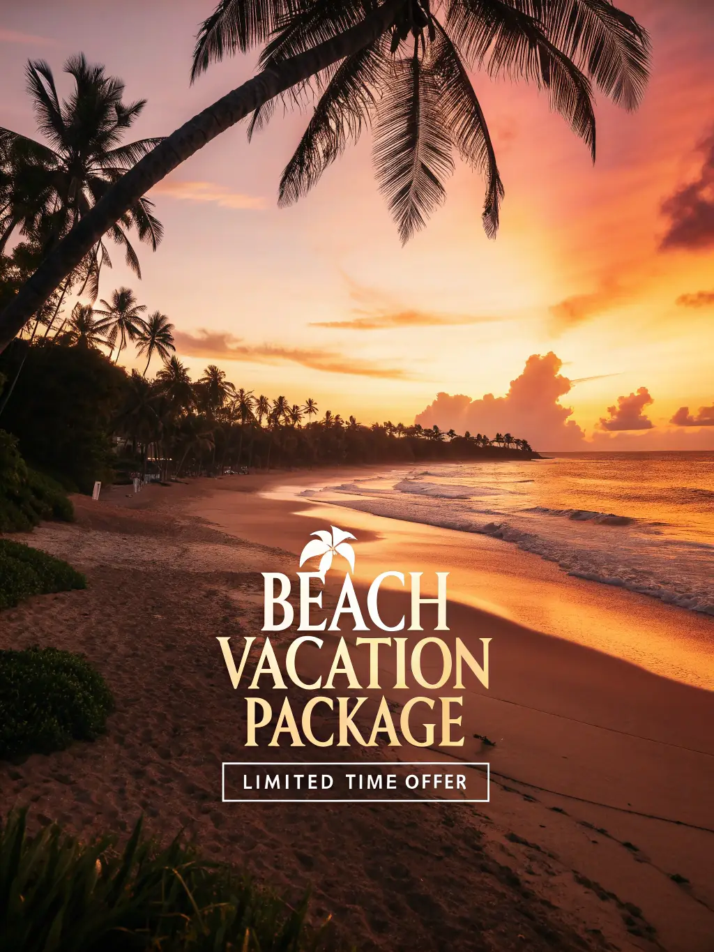 Golden sunset over Tamarindo beach, surfers in the waves, palm trees, and a lively beachfront scene.