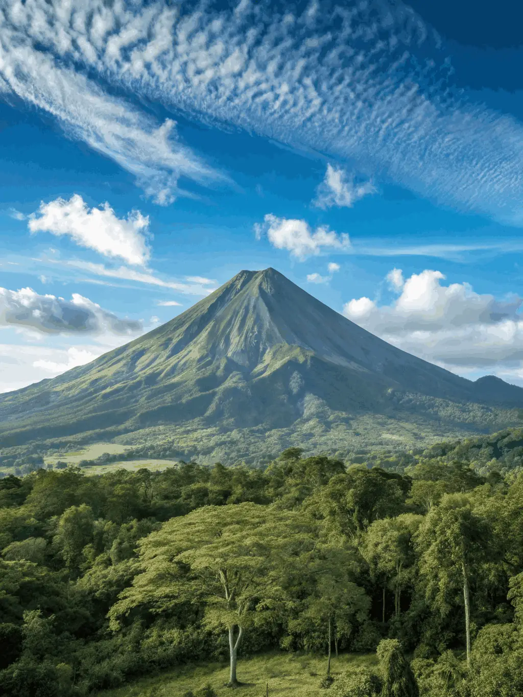 A dramatic view of Arenal Volcano rising above lush rainforest, with misty clouds and a hint of hot springs, evoking adventure and natural beauty for a Costa Rica travel marketplace.