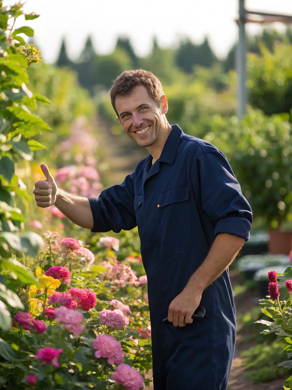 A portrait of a professional gardener in blue overalls, holding a potted palm, surrounded by vibrant tropical plants in a sunlit garden.