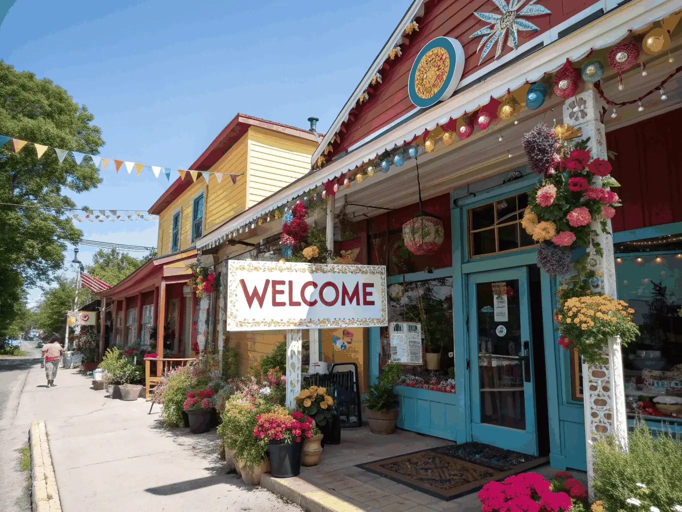 A vibrant, sunlit Costa Rican storefront with lush greenery, a welcoming business owner smiling at new customers, and tropical accents, representing a local business gaining visibility through Tico.Social.