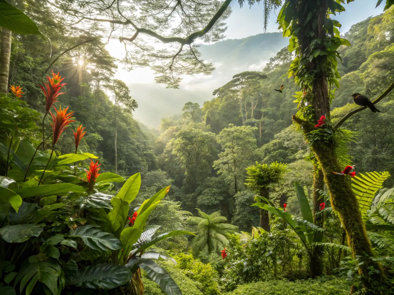 A vibrant image of Manuel Antonio National Park’s rainforest canopy teeming with monkeys, sloths, and colorful birds, sunlight filtering through lush green leaves, evoking a sense of tropical biodiversity and adventure.