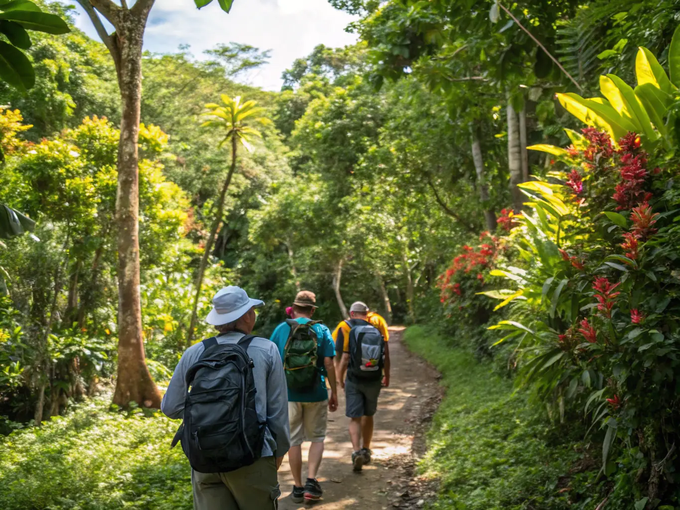 A group of happy travelers enjoying a guided rainforest hike, with a knowledgeable local guide pointing out wildlife, surrounded by lush jungle and dappled sunlight, capturing the spirit of adventure and discovery.