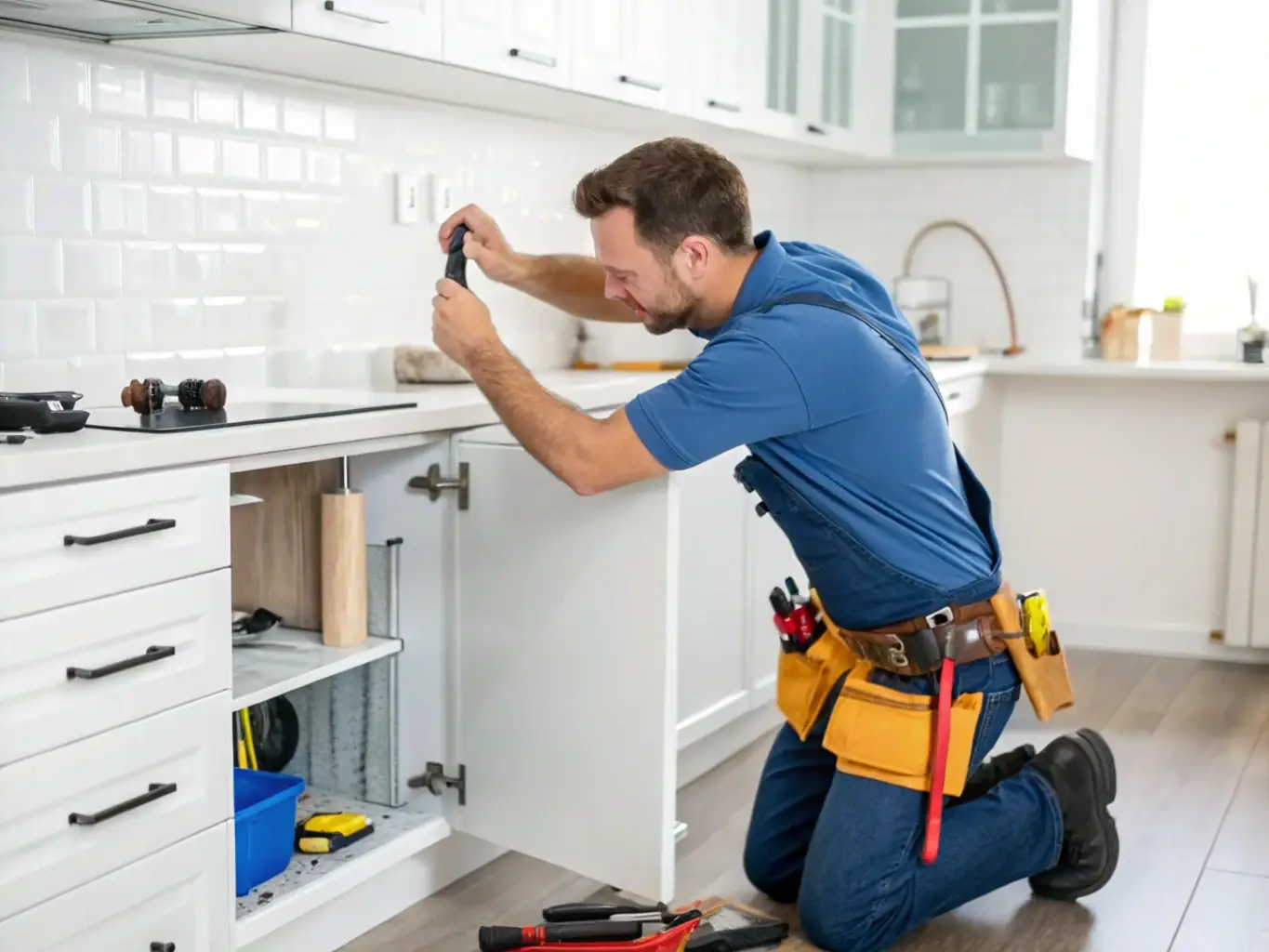 A vibrant image of a skilled Costa Rican handyman fixing a wooden door in a sunlit, modern home, with tools neatly arranged, highlighting reliable home improvement services for local residents.