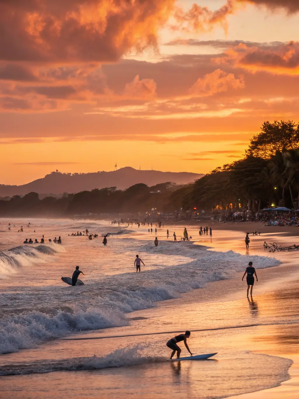 A golden sunset over Tamarindo Beach, with surfers riding gentle waves and vibrant beachfront cafes, reflecting a lively, tropical surf town atmosphere.