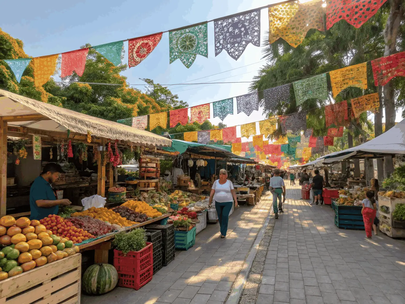 A bright, inviting photo of a Costa Rican artisan at a market stall, surrounded by colorful handmade crafts, tropical fruits, and woven baskets, with lush greenery in the background, evoking a sense of local authenticity and community.