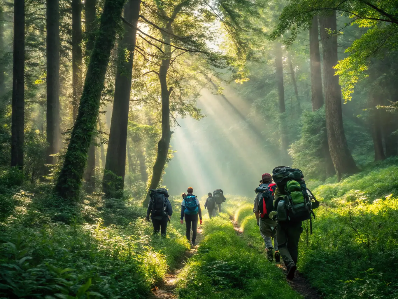 A group of international travelers with backpacks exploring a lush Costa Rican rainforest, looking at their phones to book a tour, highlighting adventure and seamless travel planning.