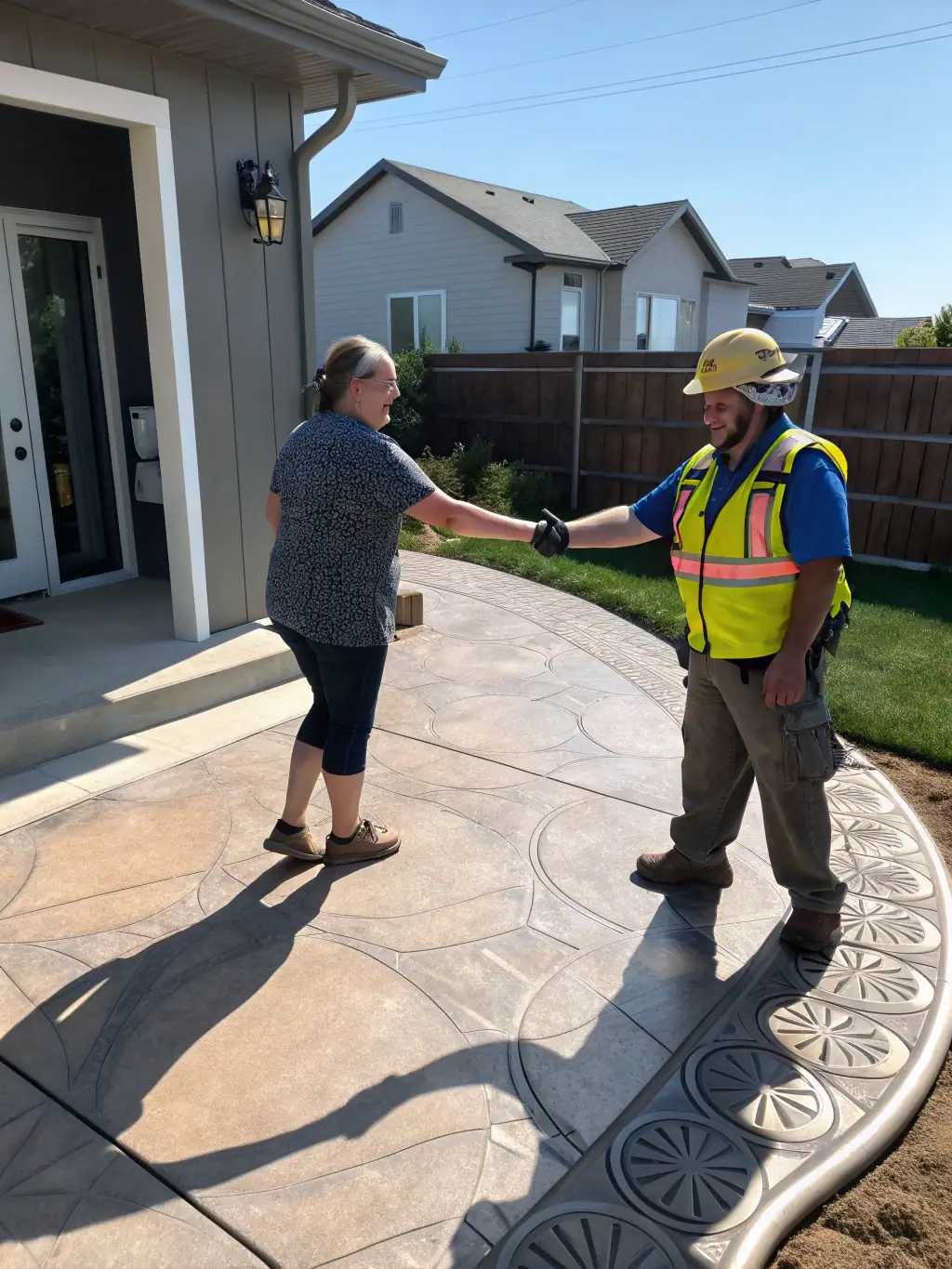 A happy customer shaking hands with a contractor in a sunlit garden, with subtle Tico.Social branding and a sense of accomplishment.