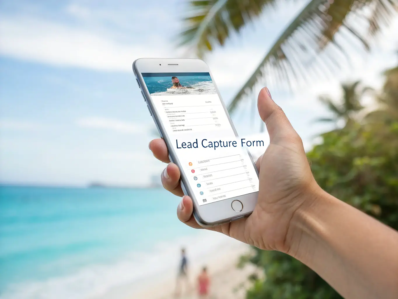 A vibrant screenshot of a business listing form on a mobile device, with fields for services, photos, and contact info, set against a background with tropical leaves and orange accents.
