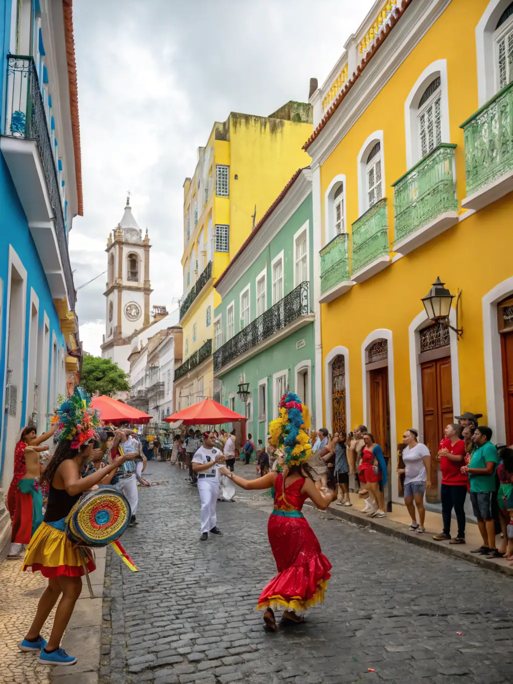 A vibrant street scene with traditional dancers in colorful costumes, local musicians, and artisan market stalls, festive atmosphere, Costa Rican culture.