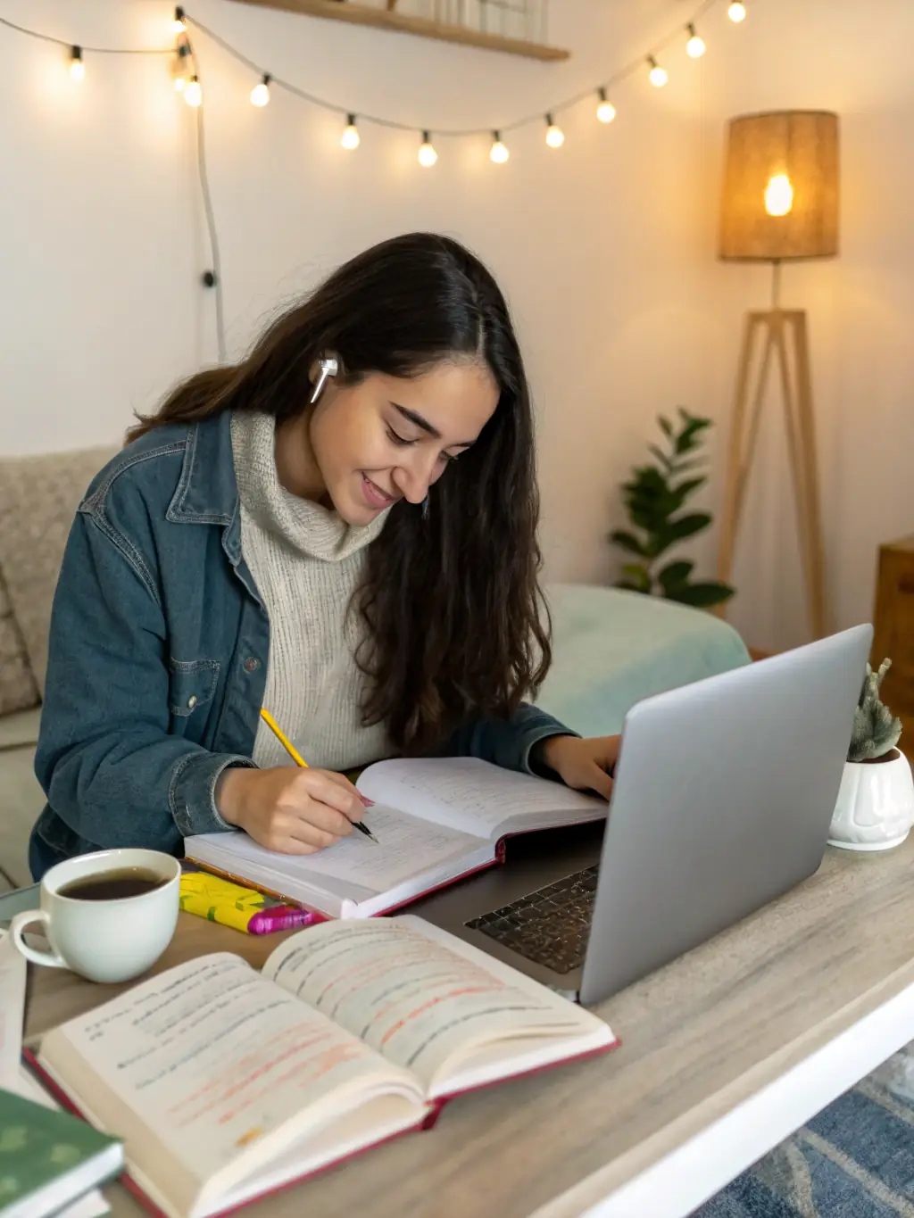 A portrait of a smiling bilingual tutor with a laptop and books, seated at a cozy desk with a Costa Rican flag and educational posters in the background.