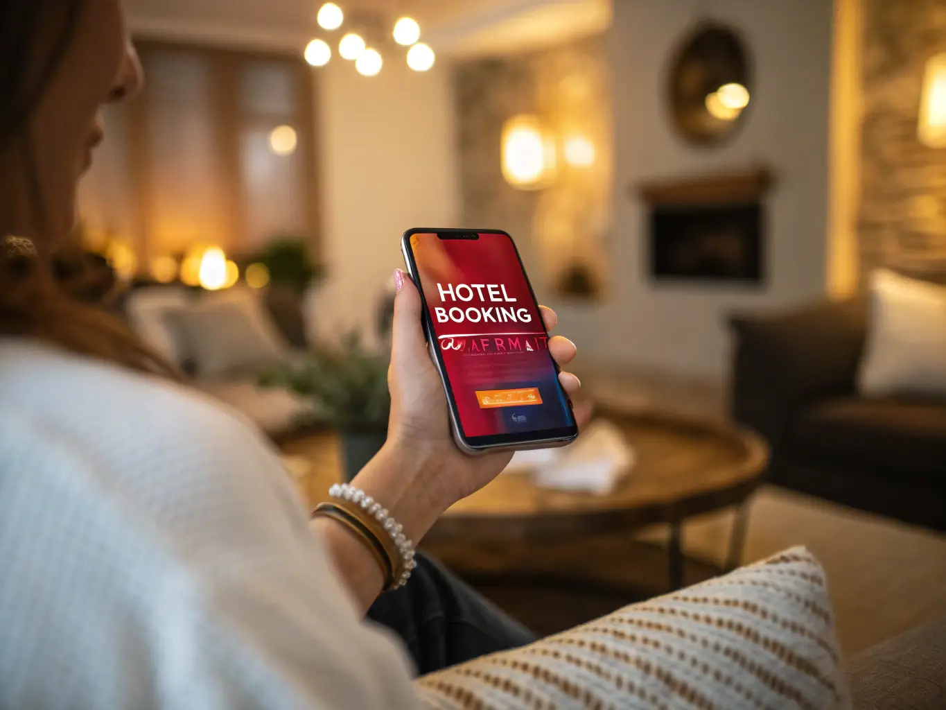 A reassuring image of a traveler happily booking a tour on their phone, with a secure payment icon and a confirmation message, set in a cozy, tropical-themed workspace.