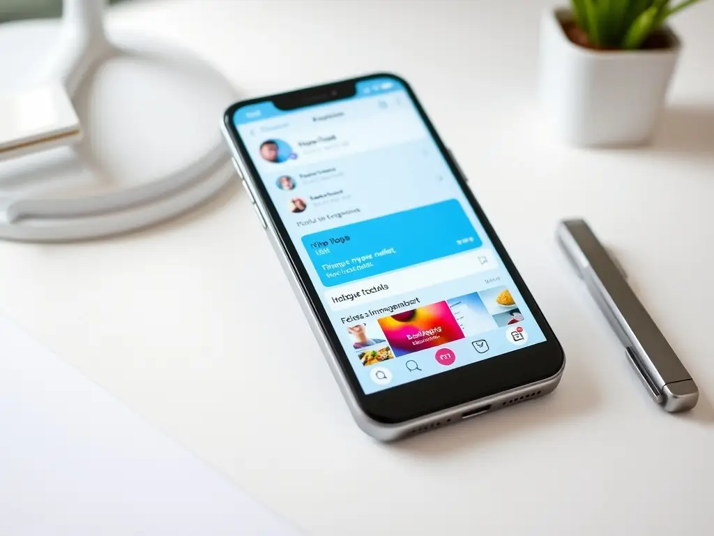 A modern smartphone displaying the Tico.Social app interface with notifications of new leads, set against a backdrop of palm leaves and a bright workspace, symbolizing real-time lead generation.