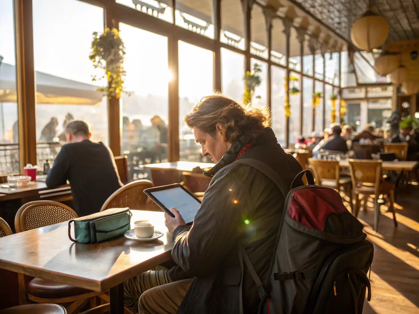 A happy customer holding a phone and smiling after booking a service, with a notification confirming their booking, set in a cozy Costa Rican café with green and blue decor.