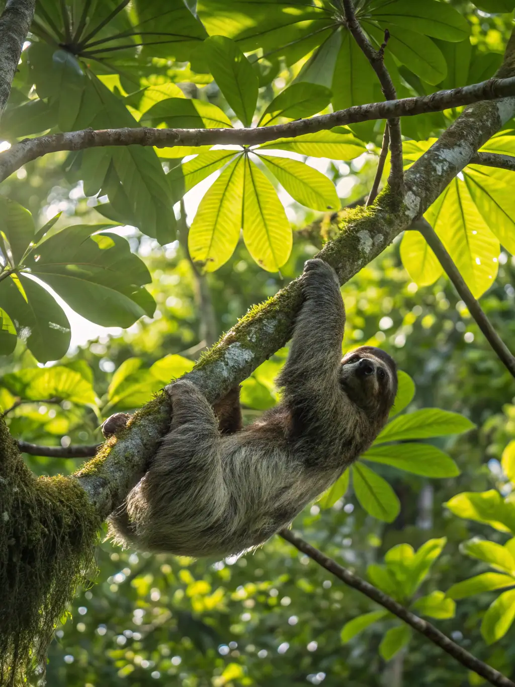 A sunlit Manuel Antonio beach with turquoise water, white sand, palm trees, and a sloth in the canopy, capturing the essence of Costa Rica’s coastal paradise.
