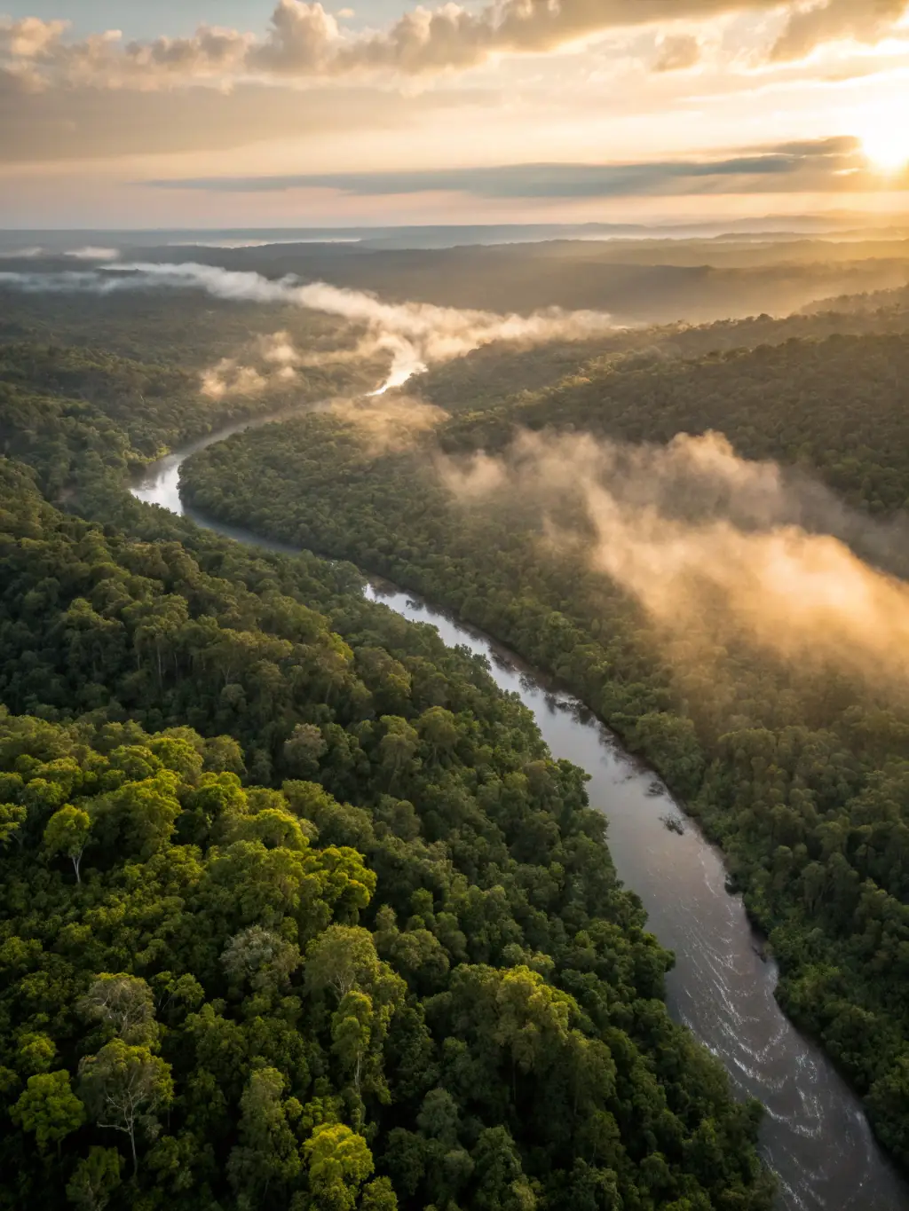 A breathtaking panoramic view from a zipline platform, overlooking misty rainforest treetops, distant volcanoes, and a winding river below under a bright sky.