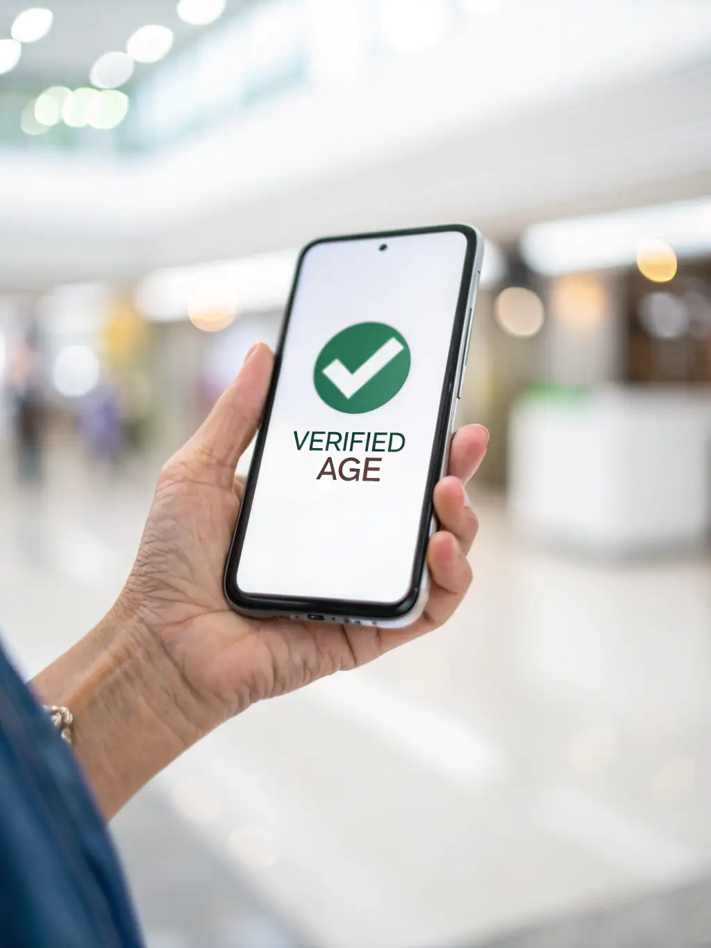 A close-up of a verified vendor badge on a mobile screen, with a hand holding the phone against a backdrop of lush greenery, emphasizing trust and verification.