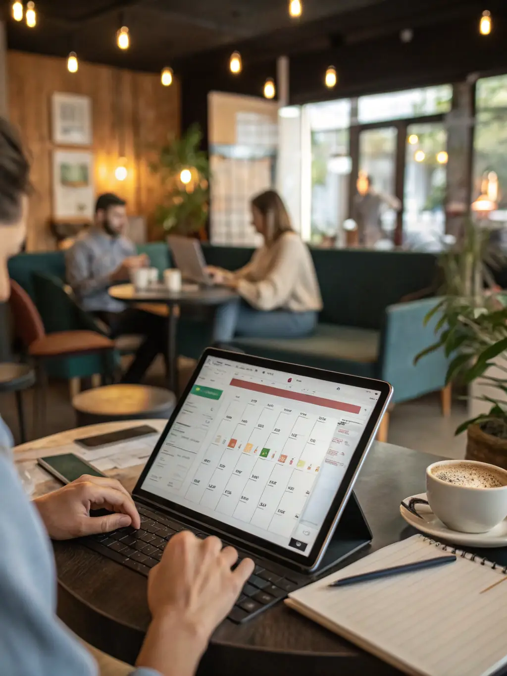 A booking calendar interface with highlighted dates and customer details, styled with Tico.Social’s orange and green palette, for the business tools section.